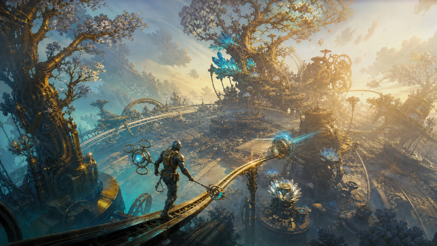 A human Wayfinder crosses the luminous mechanical Brass Orchard