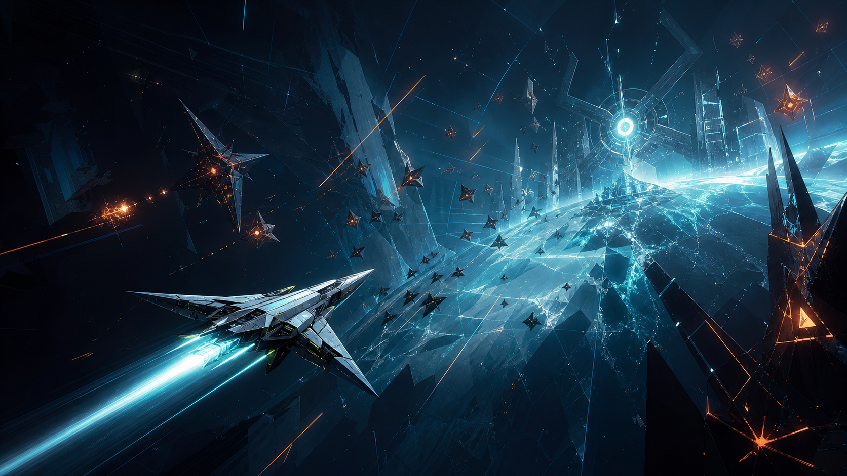 VOID RELAY key art: a relay craft carrying a luminous signal through deep space